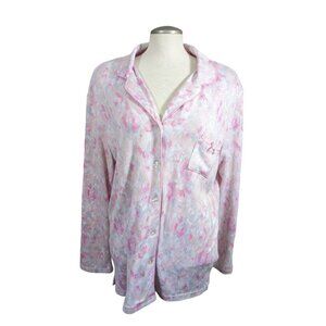Laura Ashley Womens XL Sleep Lounge Shirt Pink Tie Dye Button Up Stretch Soft